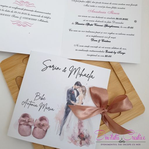 Invitatii pentru nunta si botez cu miri si botosei roz