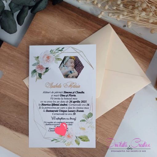 Invitatie de Botez Moderna cu Poza si Model Floral