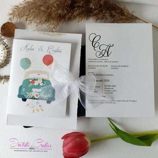 Invitatie de nunta cu masina vintage pastel