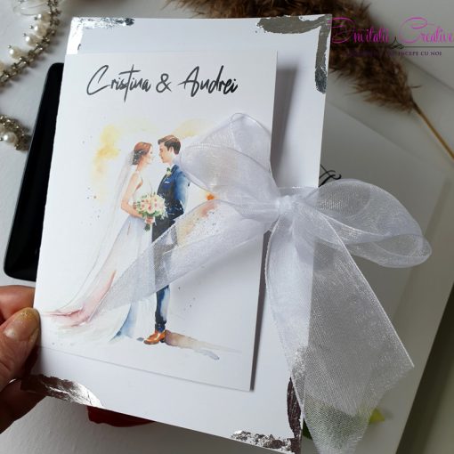 Invitatie de nunta cu miri in nuante pastel