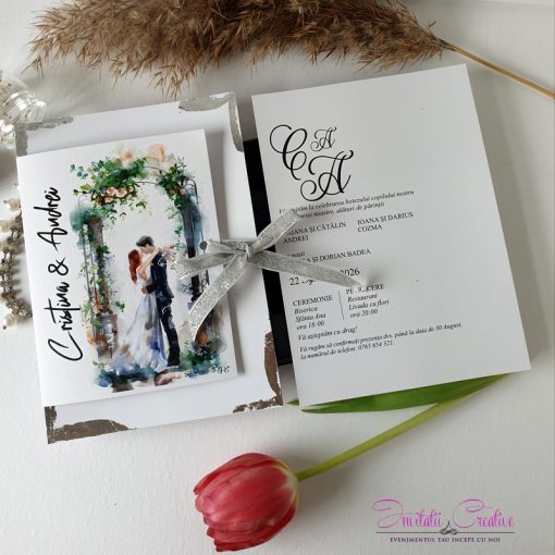 Invitatie de nunta cu miri sub arcada watercolor