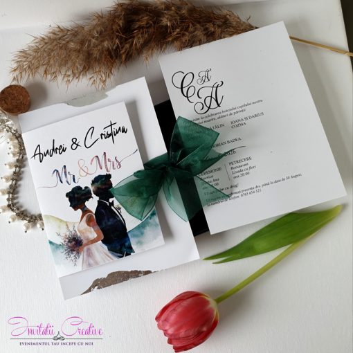 Invitatie de nunta cu miri verde smarald