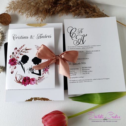 Invitatii de nunta cu miri in coronita florala