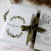 Invitatii de nunta cu ramuri de maslin si funda verde olive