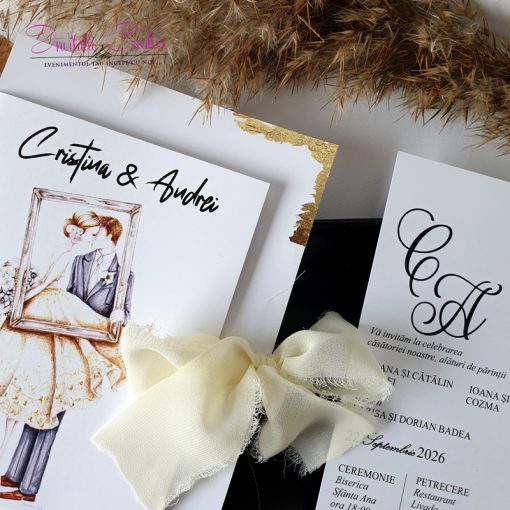Invitatii nunta cu miri vintage frame