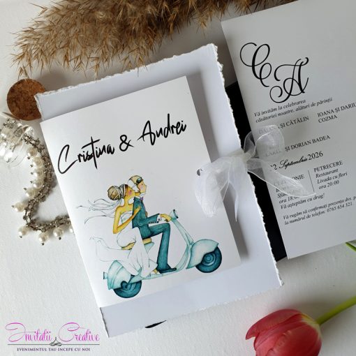 Invitatii nunta miri pe scuter