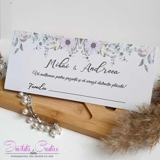 Plic de bani nunta floral cu frunze si margarete mov