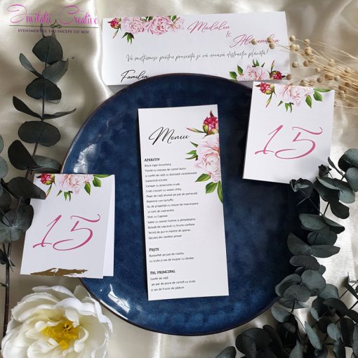 Alternative view of Meniu individual cu bujori roze pastel intens