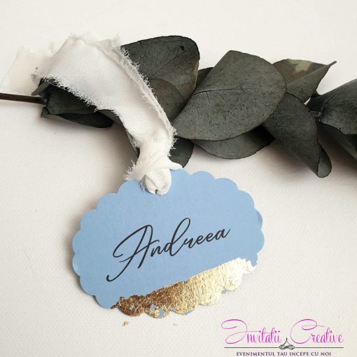 Etichete blue dantelate pentru marturii cu foita aurie