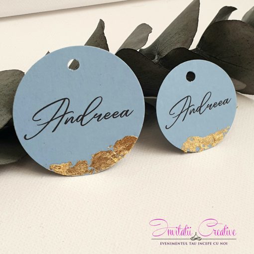 Etichete blue rotunde pentru marturii cu foita aurie