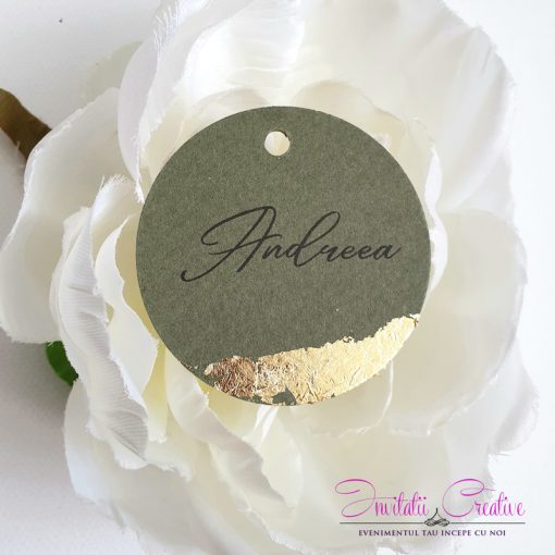 Etichete green rotunde pentru marturii cu foita aurie