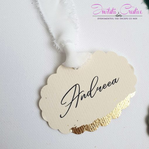 Etichete ivoire dantelate pentru marturii cu foita aurie