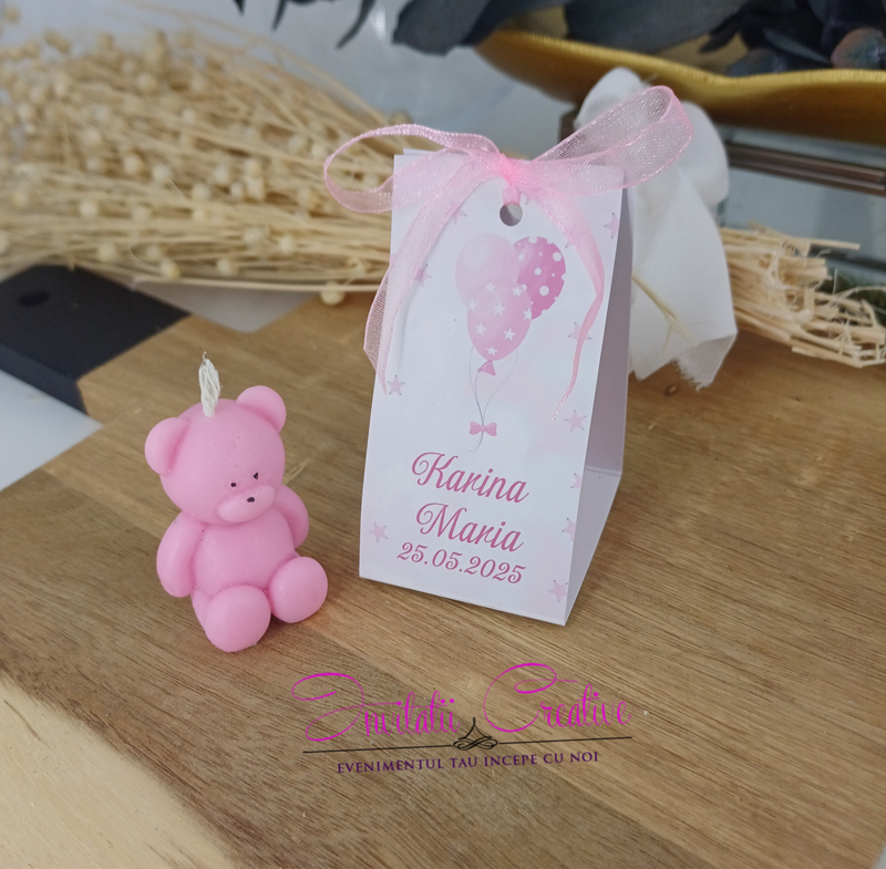 Marturie Botez Lumanare Parfumata Ursulet in Cutiuta cu Baloane roz