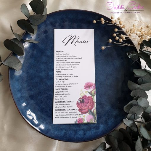 Meniu individual cu bujori pastel roz