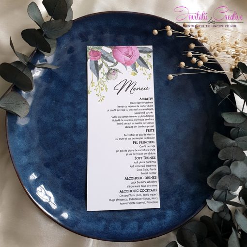 Meniu individual cu bujori pastel roz model 2