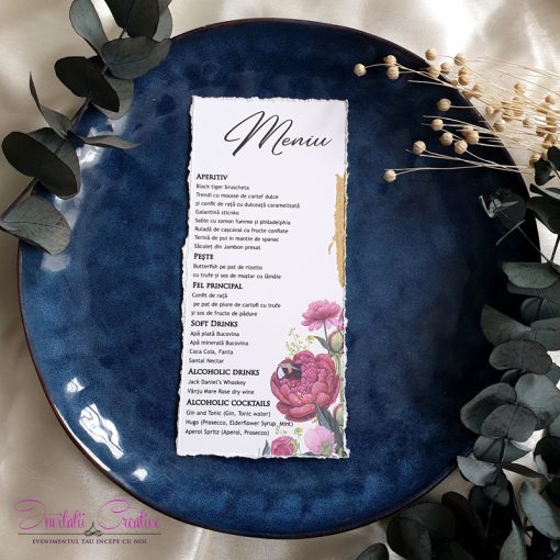 Meniu individual cu bujori pastel roz1