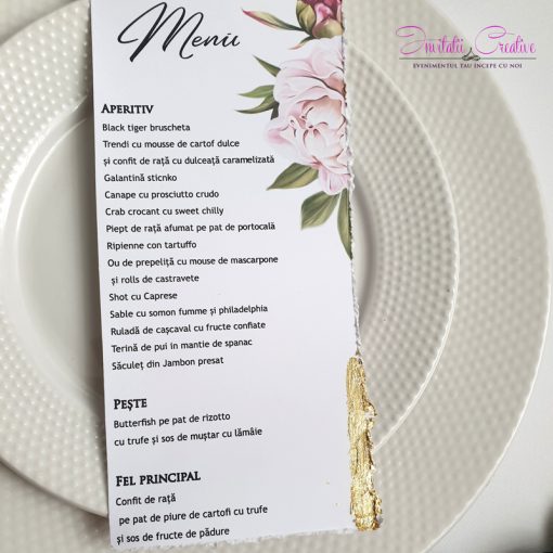 Meniu individual cu bujori roze pastel