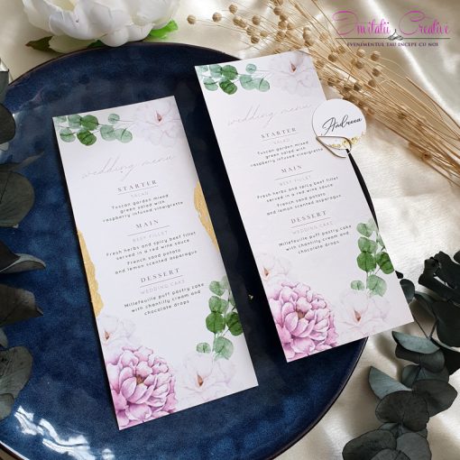 Meniu individual cu flori pastel roz lila4