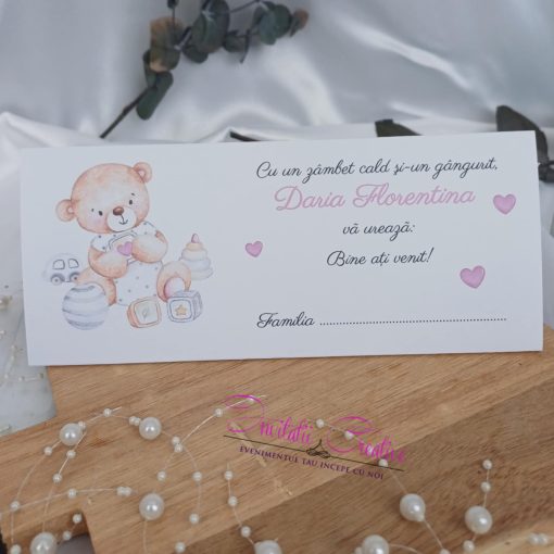 Plic de Bani Botez Ursulet Fetita cu Jucarii si Inimioare roz