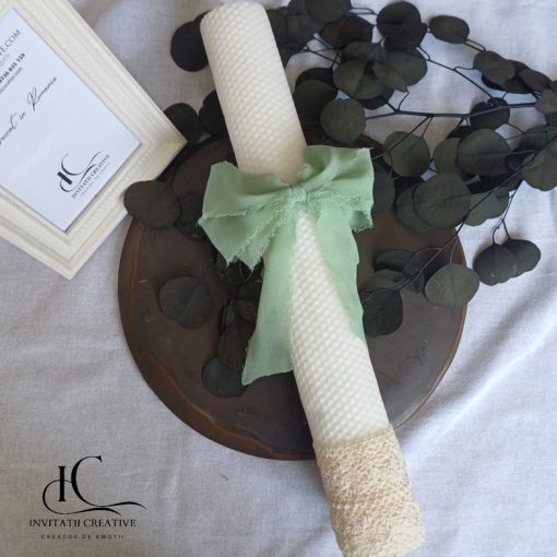 Lumânare botez ceară naturală cu panglică de mătase verde1
