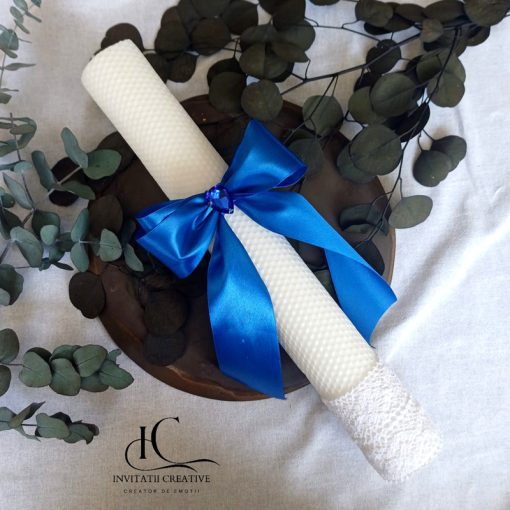 Lumanare de botez baiat cu panglica albastra si stras elegant1