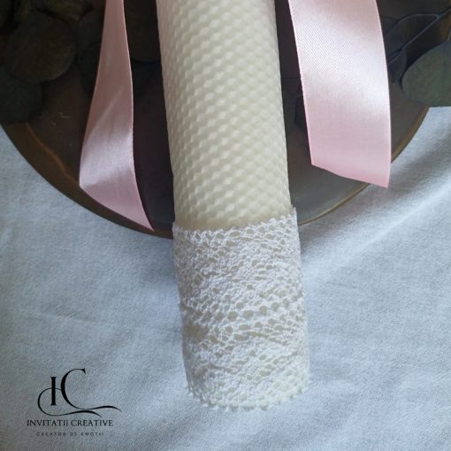 Lumanare de botez fetita cu panglica roz si perla3