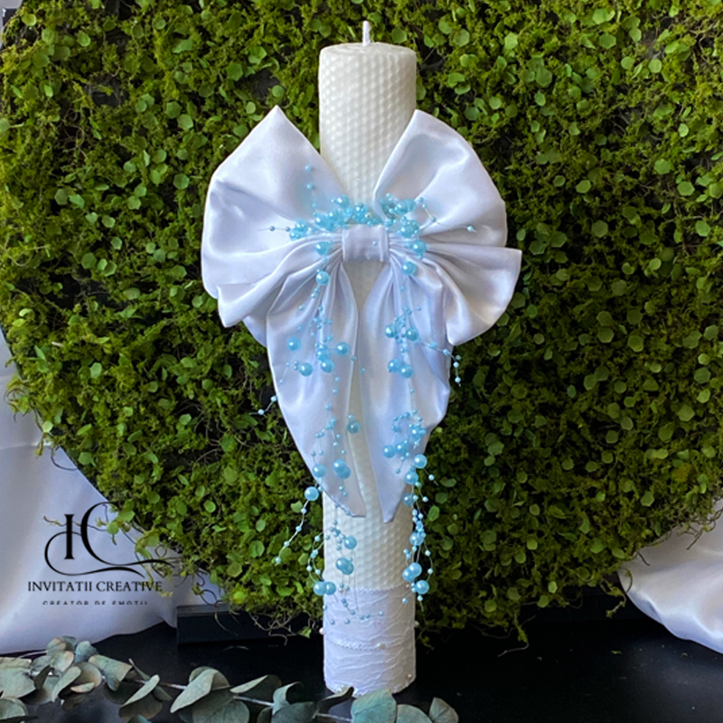 Lumanare botez eleganta Blue Pearls