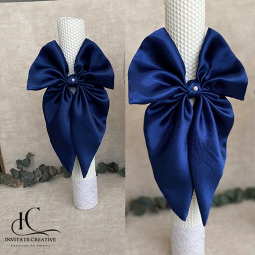 Lumanare de botez cu funda de satin bleumarin