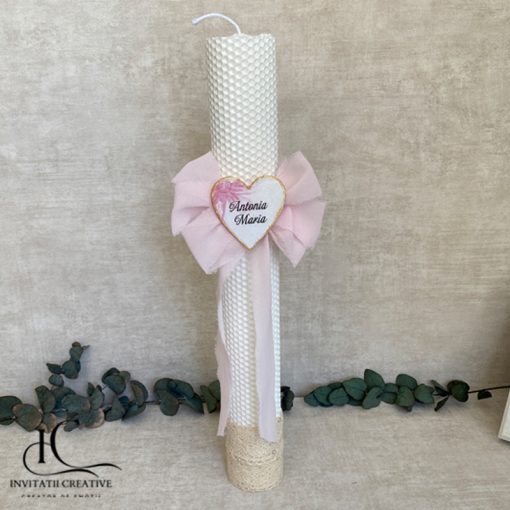 Lumanare de botez personalizata cu funda roz