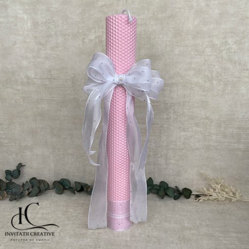 Lumanare fagure de botez roz cu fundita speciala