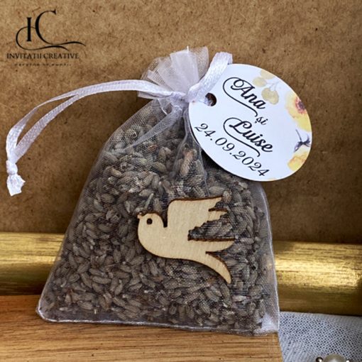 Marturii saculeti cu lavanda cu pasare de lemn