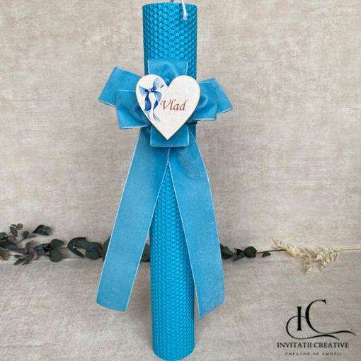 Lumanare Botez cu Catifea si Inima Personalizata cu Nume