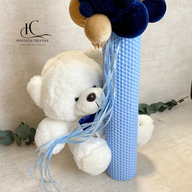 Lumanare Botez Fagure cu Ursulet Mare si Baloane Crem-Bleumarine - imagine 3