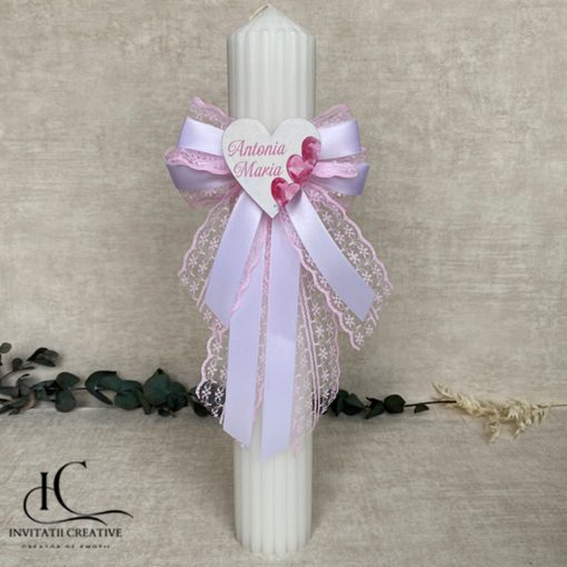 Lumanare Botez cu Inima Personalizata Baloane Inima si Nume