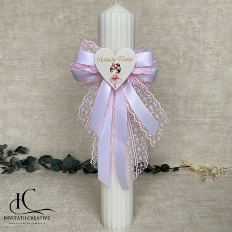 Lumanare Botez Fata Inima Personalizata cu Balerina si Nume
