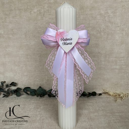 Lumanare Botez Fete cu Inima Personalizata Fundita roz