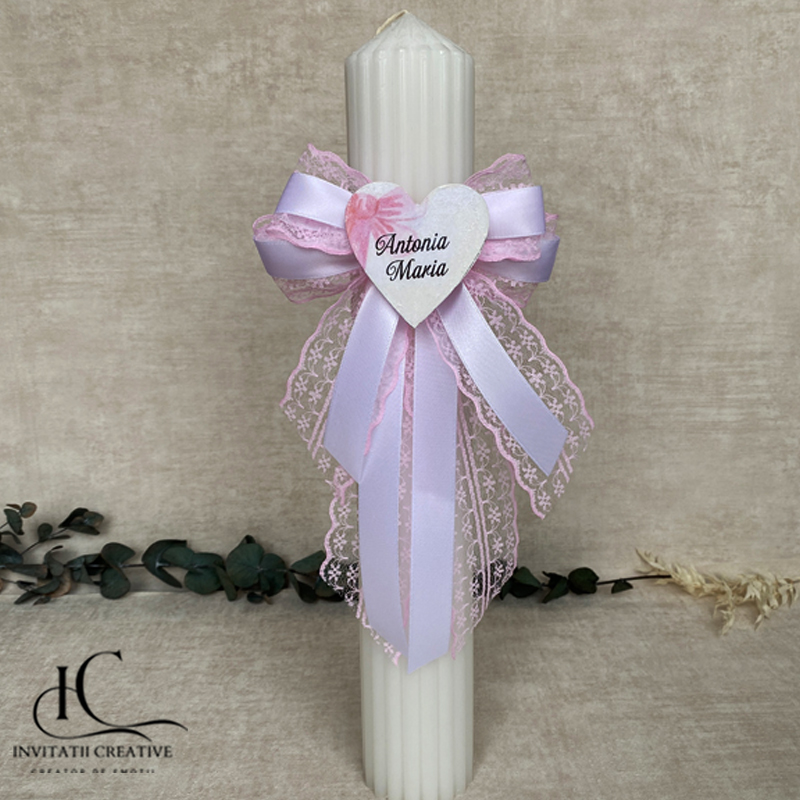 Lumanare Botez Fete cu Inima Personalizata Fundita roz