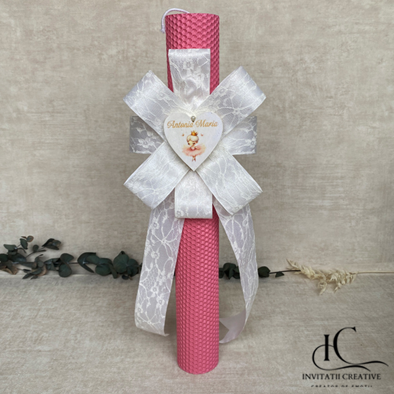 Lumanare Botez Floare Dantela Alba Inima cu Balerina Printesa
