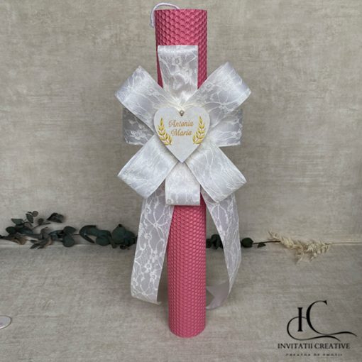 Lumanare Botez Floare Dantela Alba Personalizata Lauri aurii si Nume