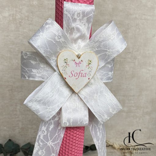 Alternative view of Lumanare Botez Fata Floare Dantela Alba Inima Motiv Pastel