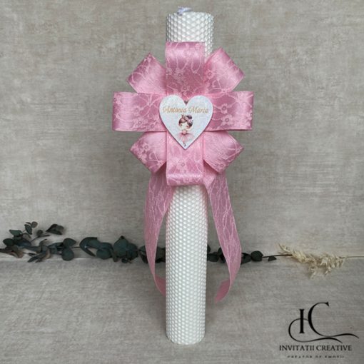 Lumanare Botez Floare Mare Roz Inima cu Balerina Eleganta