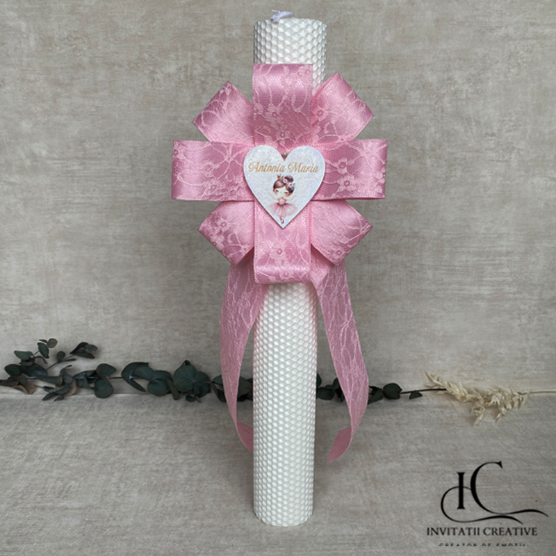 Lumanare Botez Floare Mare Roz Inima cu Balerina Eleganta