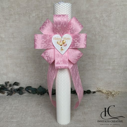 Lumanare Botez Floare Mare Roz Inima cu Balerina cu baloane