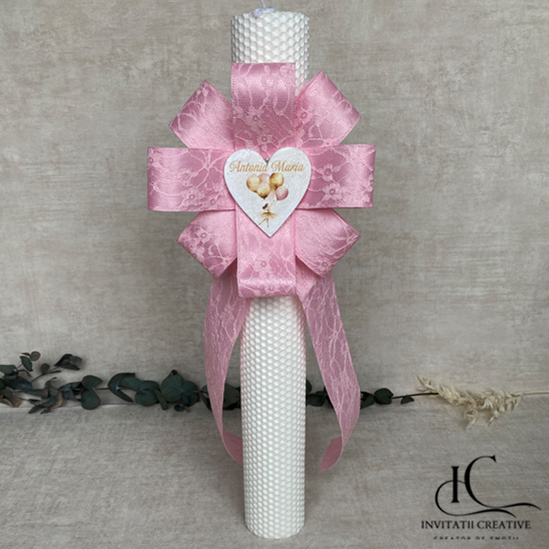 Lumanare Botez Floare Mare Roz Inima cu Balerina cu baloane