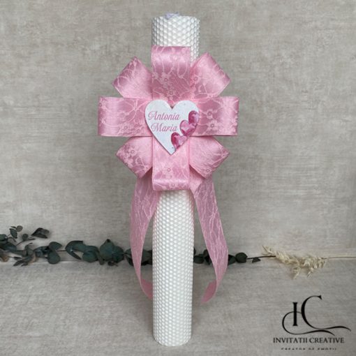 Lumanare Botez Floare Mare Roz Personalizata Baloane Inima