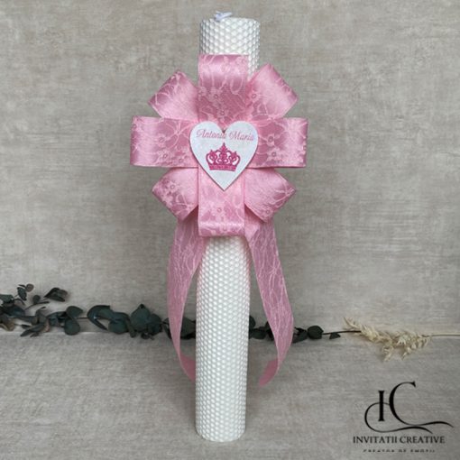 Lumanare Botez Floare Mare Roz Inima cu Coroana Regala