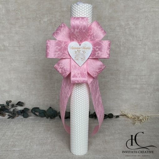 Lumanare Botez Fata Floare Mare Roz Inima Curcubeu Pastel