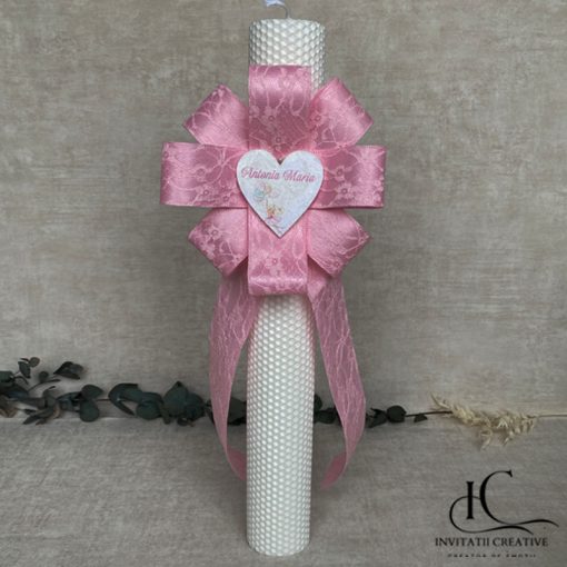Lumanare Botez Floare Mare Roz Fetita cu Baloane Pastel