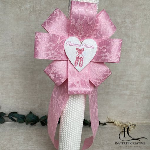 Alternative view of Lumanare Botez Floare Mare Roz Inima cu Poante Balerina