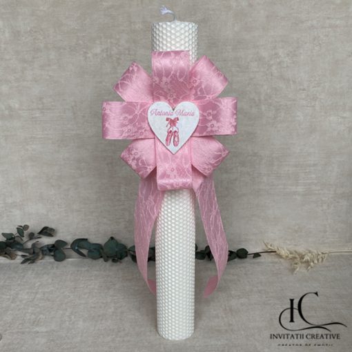 Lumanare Botez Floare Mare Roz Inima cu Poante Balerina